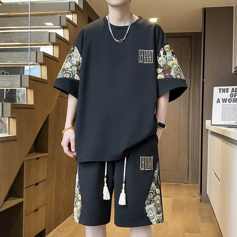 新中式潮流男宽松薄款短袖短裤两件套国风夏季大码t恤休闲运动服