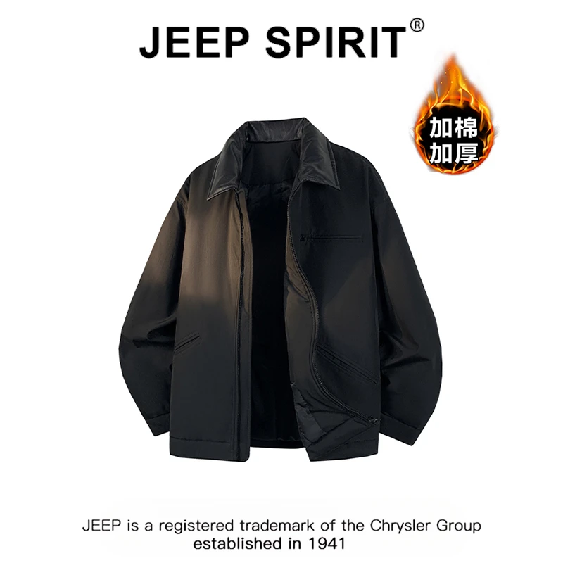 JEEPSPIRIT吉普美式复古撞色翻领夹克外套男冬季加厚宽松工装外套