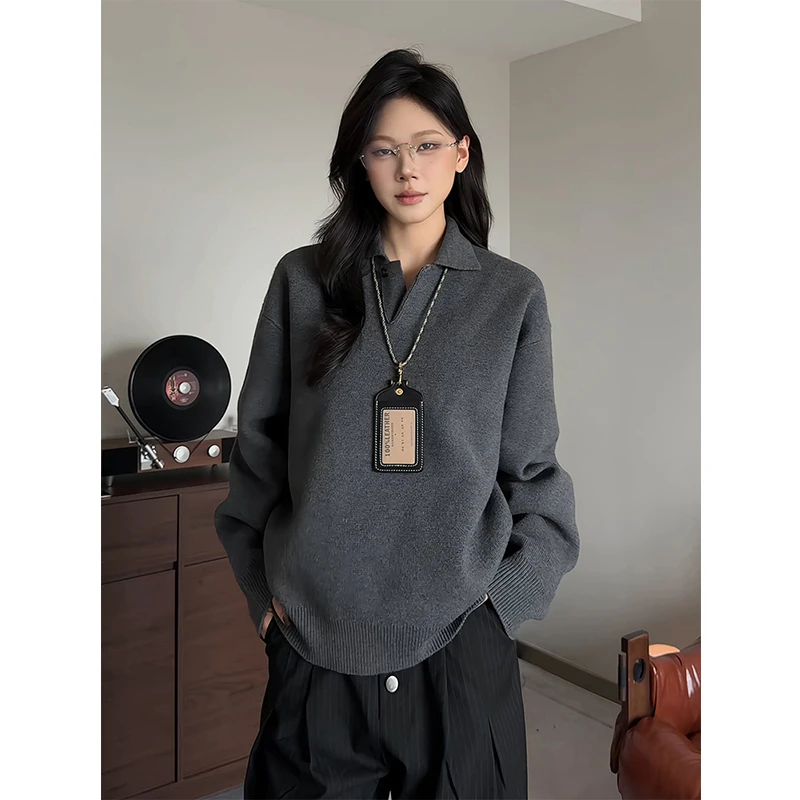 深灰色海鸥领POLO衫毛衣男秋季长袖内搭打底衫老钱风翻领针织上衣