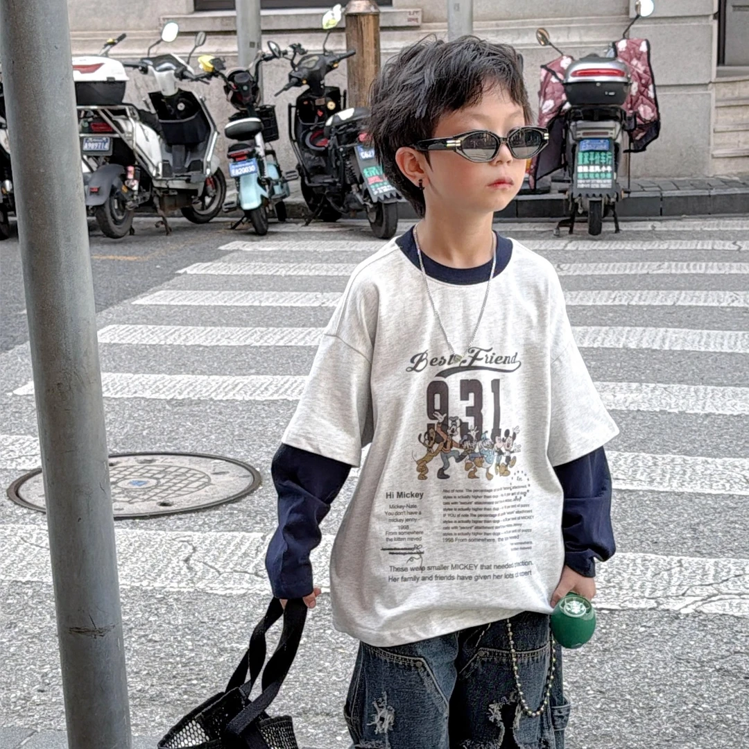 2025新款儿童装卡通米奇长袖T恤男童早秋穿搭撞色拼接假两件上衣