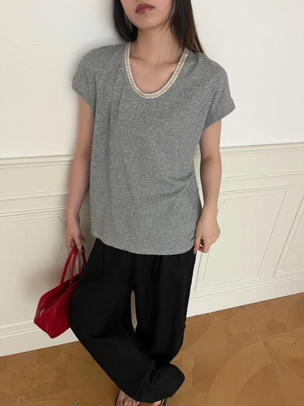 xixi#X69098夏季福利高品质重工艺领子飞袖上衣，衣长：61cm