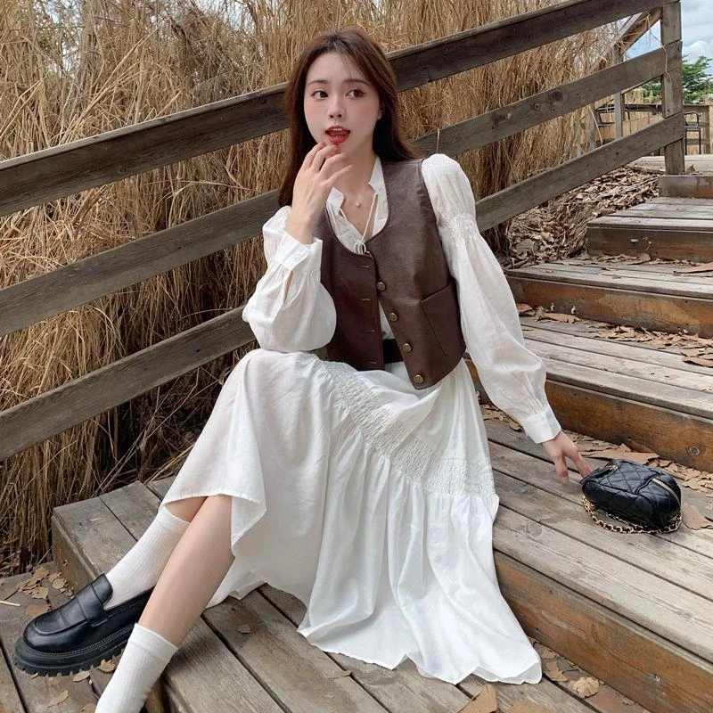 法式白色长袖连衣裙套装2025新款秋季系带气质马甲收腰长裙