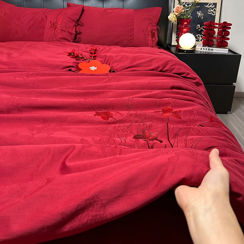 花好月圆 简约提花绣花本色绣婚庆四件套全棉纯棉红色床上用品