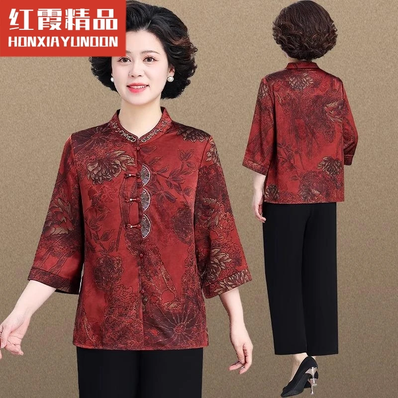 50多岁妈妈春装套装气质国风衬衫中老年女春夏唐装小衫七分袖上衣