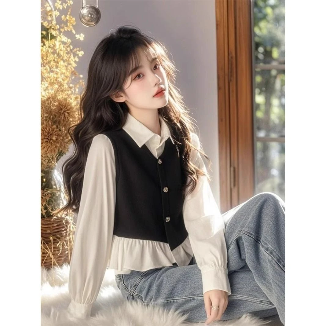 超好看撞色拼接假两件衬衫女2025春季新款设计感甜美减龄洋气衬衣