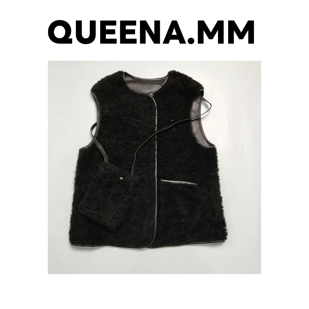 衣长70cm小挎包全羊毛皮毛一体拉链款马甲纯羊毛