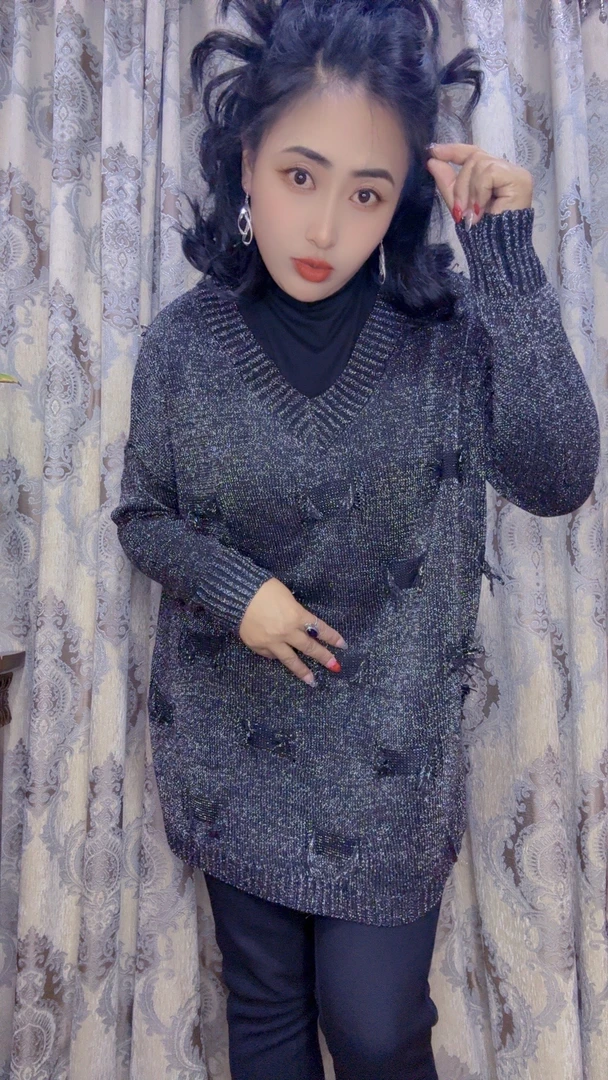 加厚女中长款打底衫时尚长袖毛针织衫慵懒风网红保暖V领