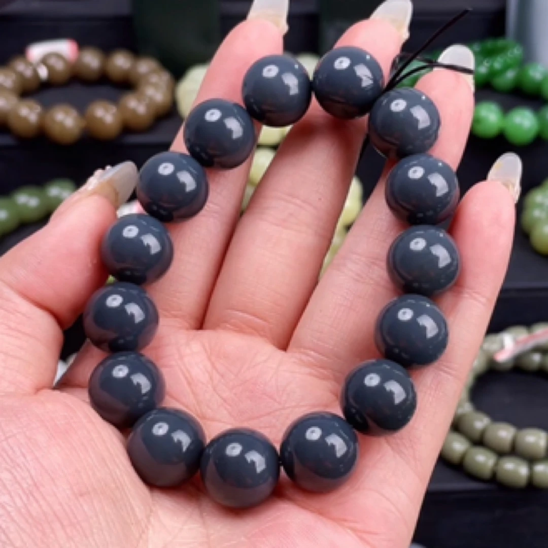 和田玉新疆且末大开门油库料卡14圆珠15颗莫兰迪紫兰墨