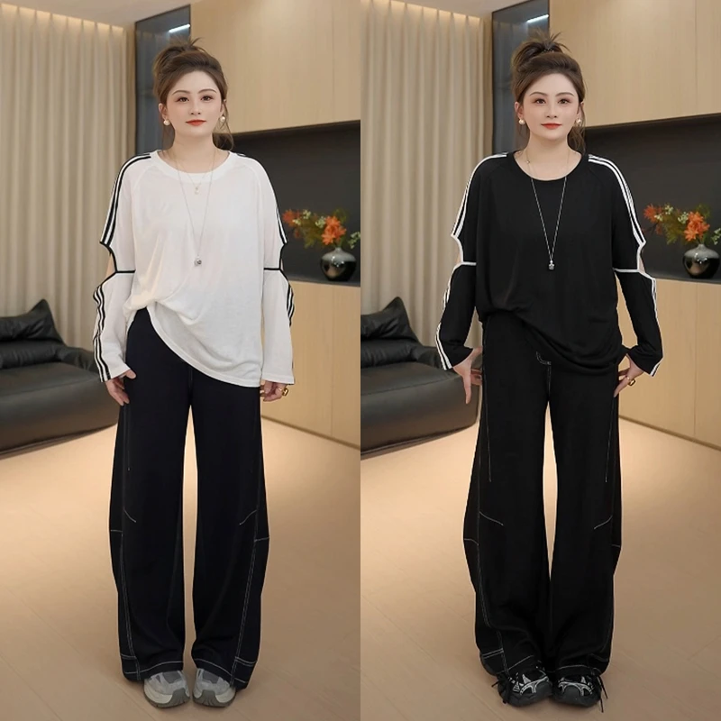 【胖佳佳】现货~线描T 秋季百搭休闲撞色镂空长袖上衣H625Y11542