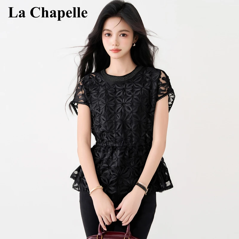 拉夏贝尔2025新款立体勾花镂空圆领衬衫夏季收腰轻奢名媛风短袖女