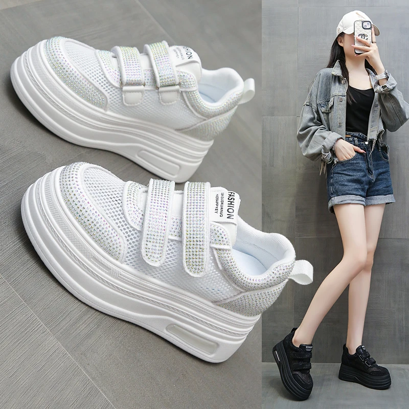 2025透气百搭8公分内增高皮网面小白鞋松糕厚底韩版显脚小休闲