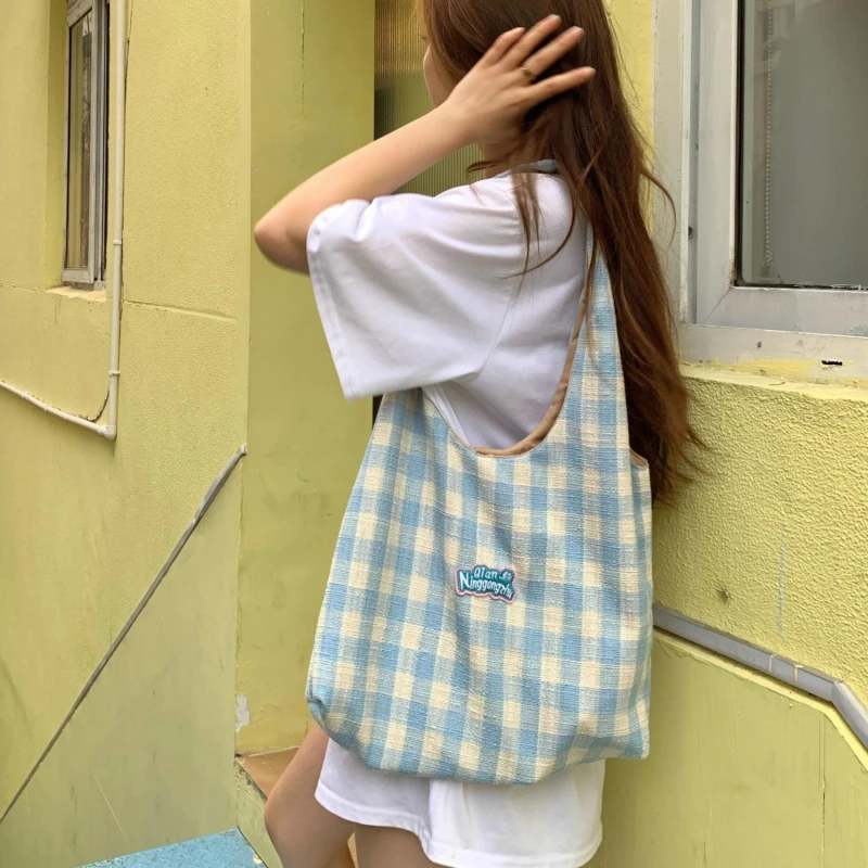 ins韩系刺绣字母格子甜美单肩背包女大学生大容量少女百搭托特TJ