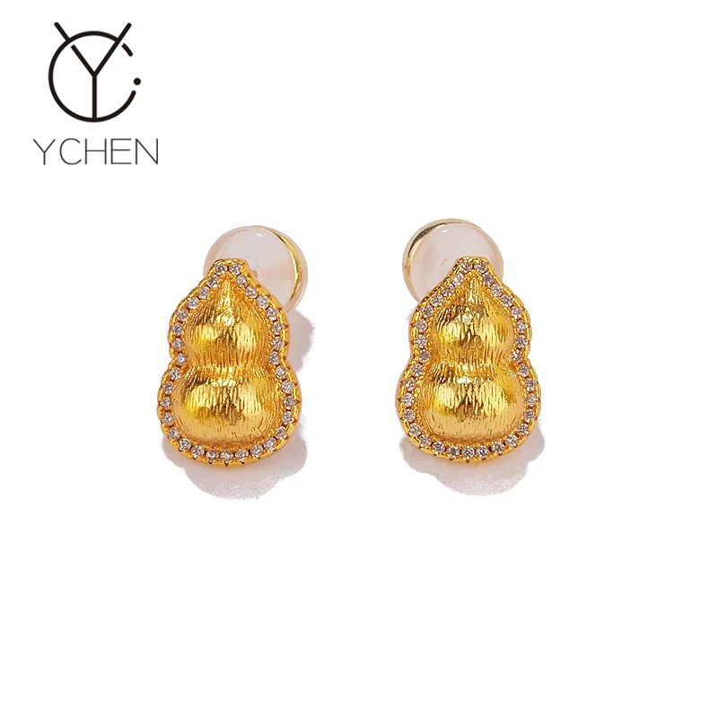 铜合金耳饰 新中式国风立体葫芦耳钉女轻奢高级感金色复古显脸小