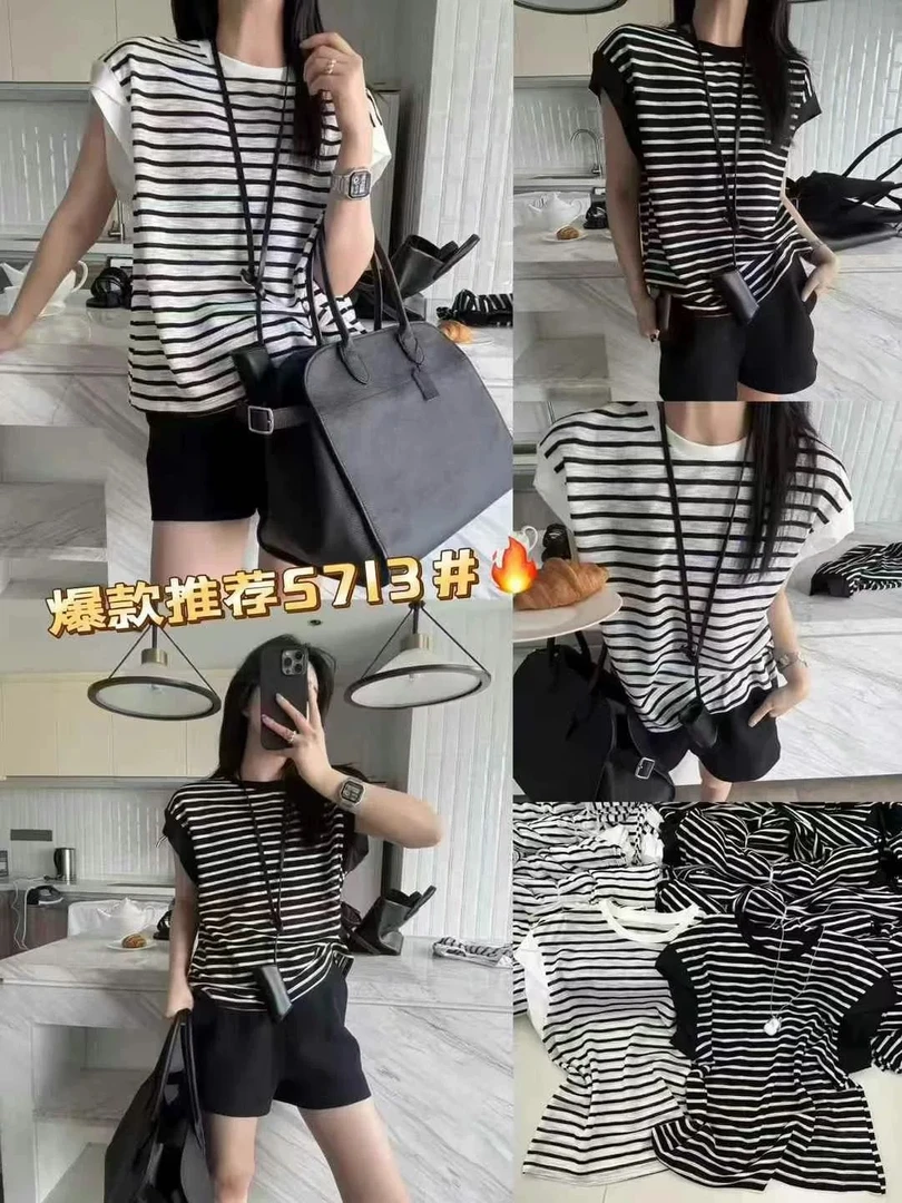 372夏季新款圆领套头条纹撞色短袖T恤女宽松显瘦百搭休闲上衣