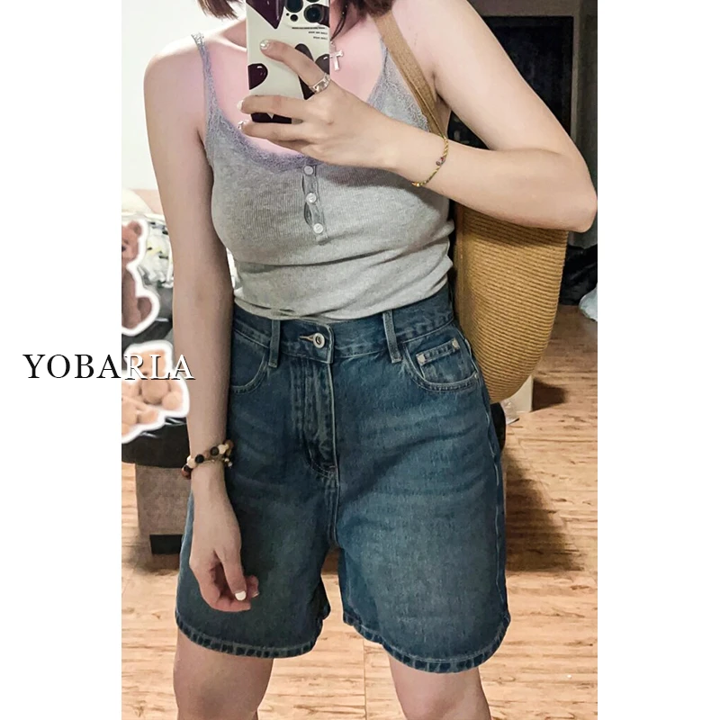 复古蓝直筒牛仔短裤女秋冬大码胖mm宽松显瘦梨形身材阔腿五分中裤