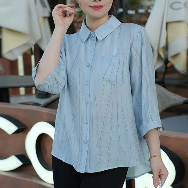 夏季防晒印花纽扣七分袖百搭衬衫显瘦大码女装宽松