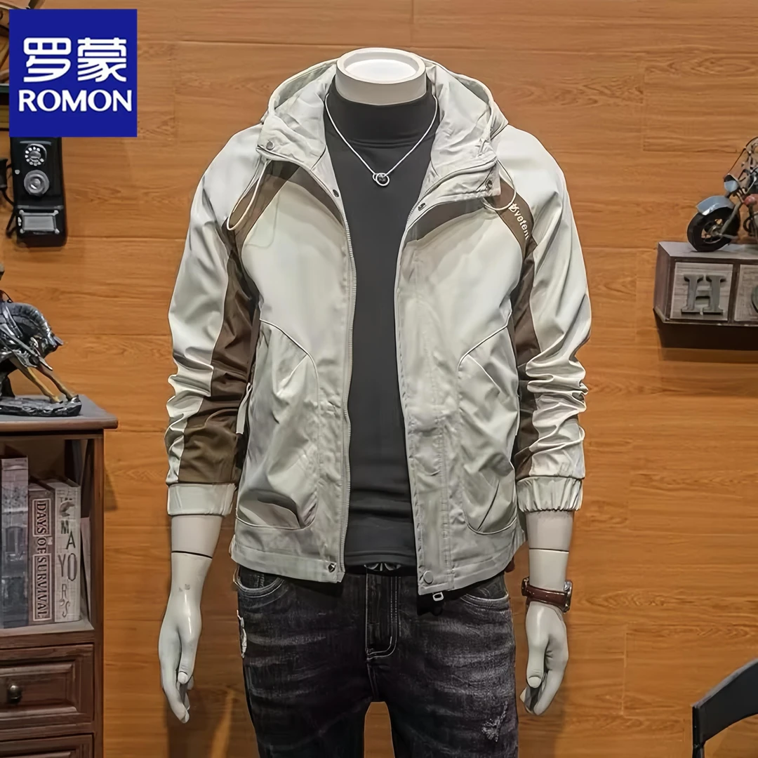罗蒙春秋款连帽夹克男士高级感潮牌百搭上衣新款撞色休闲痞帅外套