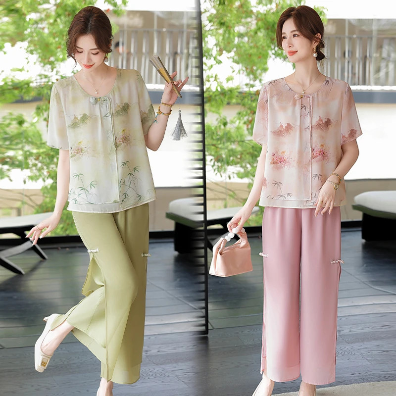 2025新款妈妈夏装洋气套装中老年女装夏季时尚减龄遮肚显瘦两件套
