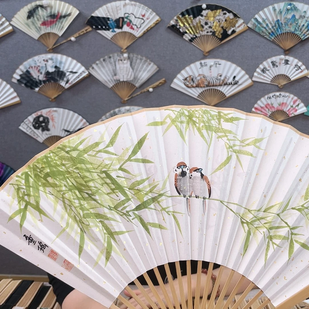 国画95寸玉竹-纯手绘-文玩扇骨（默认粘好）