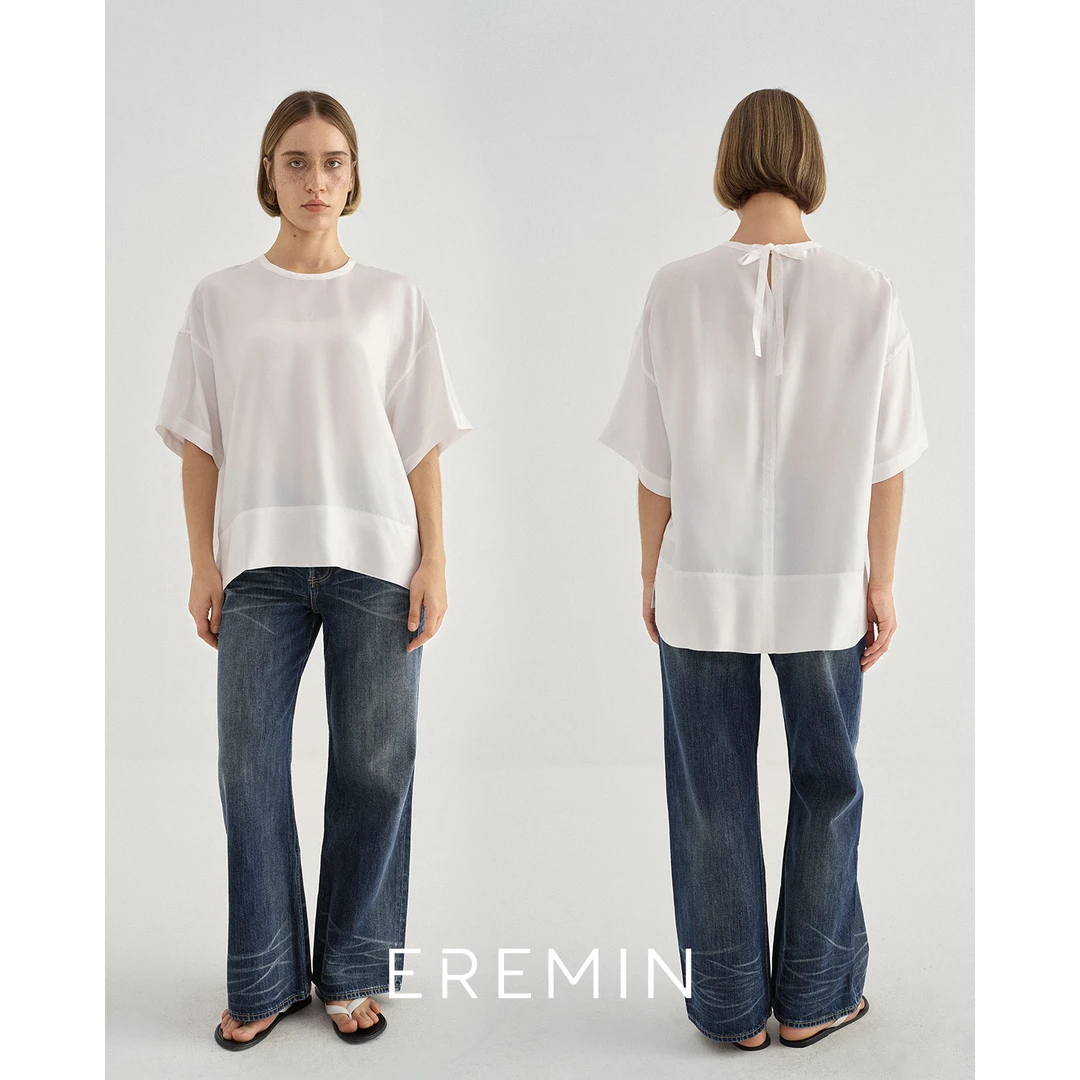 DE Mincollection系带真丝T/16姆米斜纹绸桑蚕丝通勤简约T恤55196