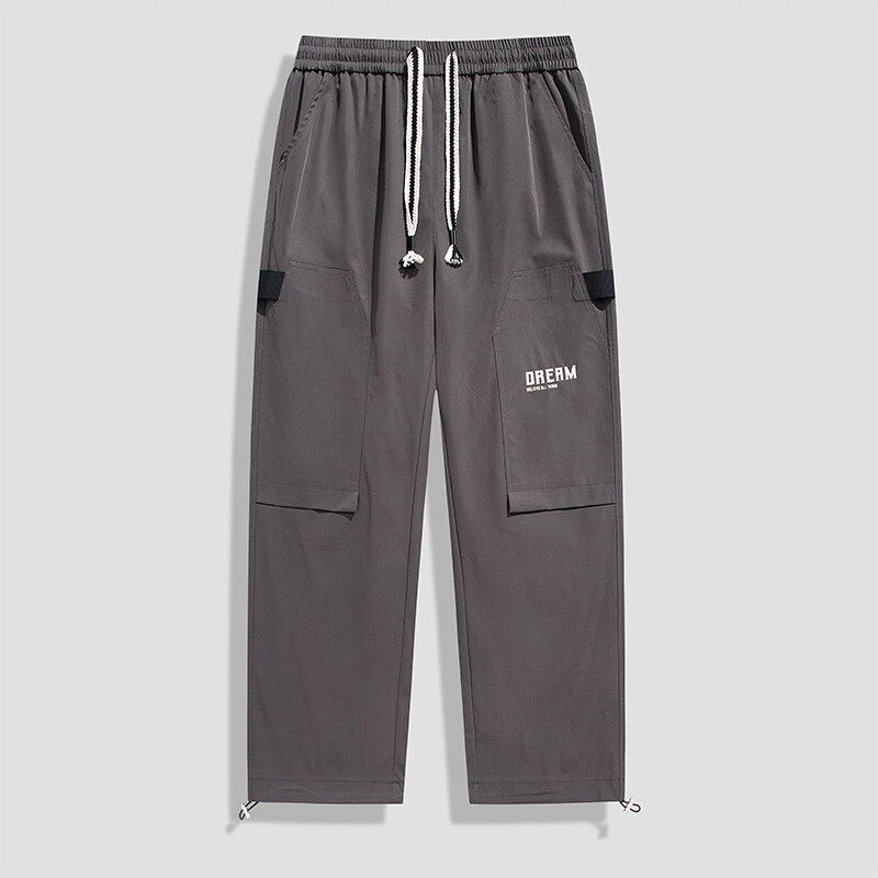 新款工装裤男春夏多口袋裤宽松冲锋长裤子-抽绳裤平铺夏季直筒