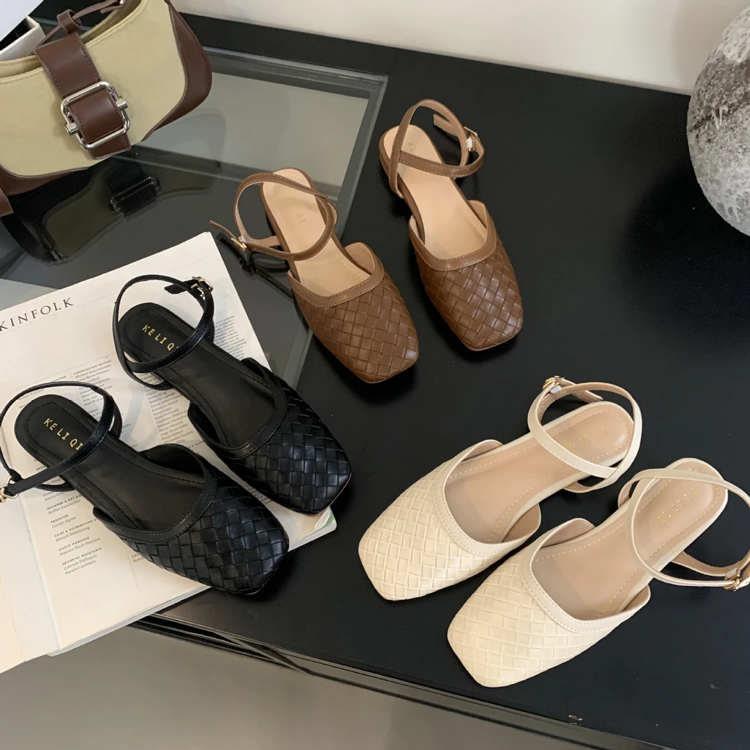 百搭~平底法式晚风复古编织包头凉鞋女鞋子2025年新款罗马凉鞋