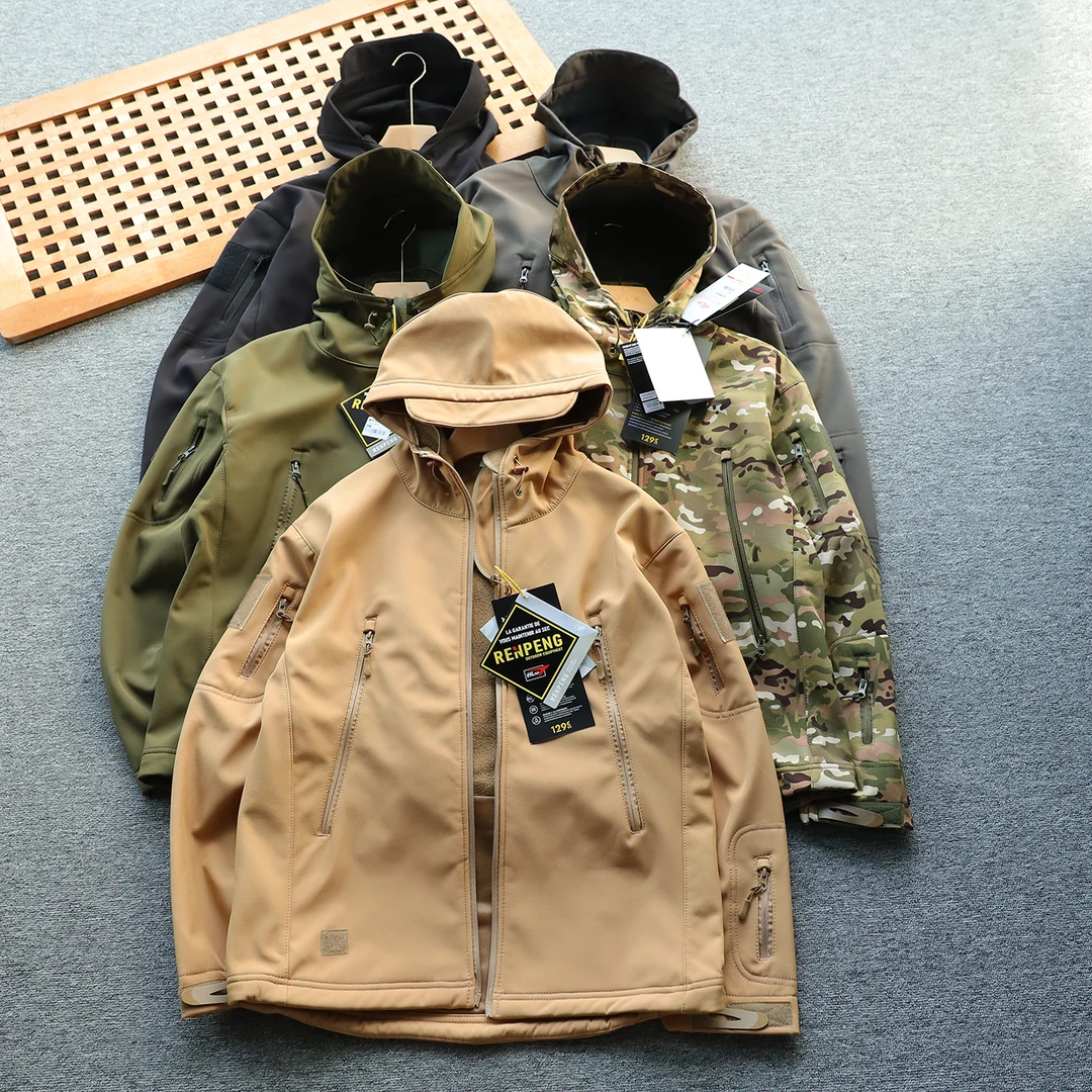 美单 户外男士战术软壳加绒冲锋衣多口袋 防风防水 加绒加厚