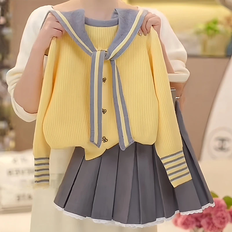 女童海军领针织开衫毛衣百褶裙学院风洋气套装2025新款中大童春装
