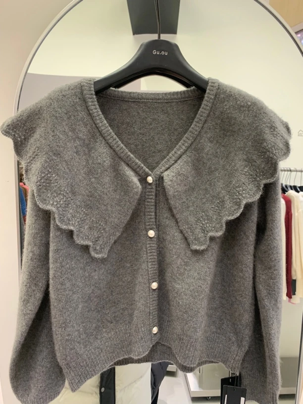 古欧春款长袖慵懒大翻领针织开衫上衣5551