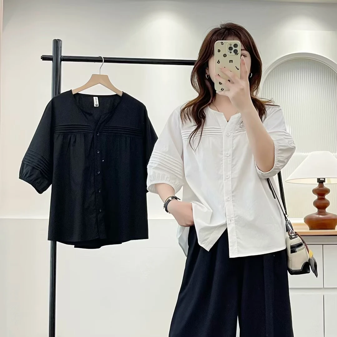 JIANAOBEN/简澳本大码洋气显瘦宽松遮肉纯色V领设计感气质衬衫