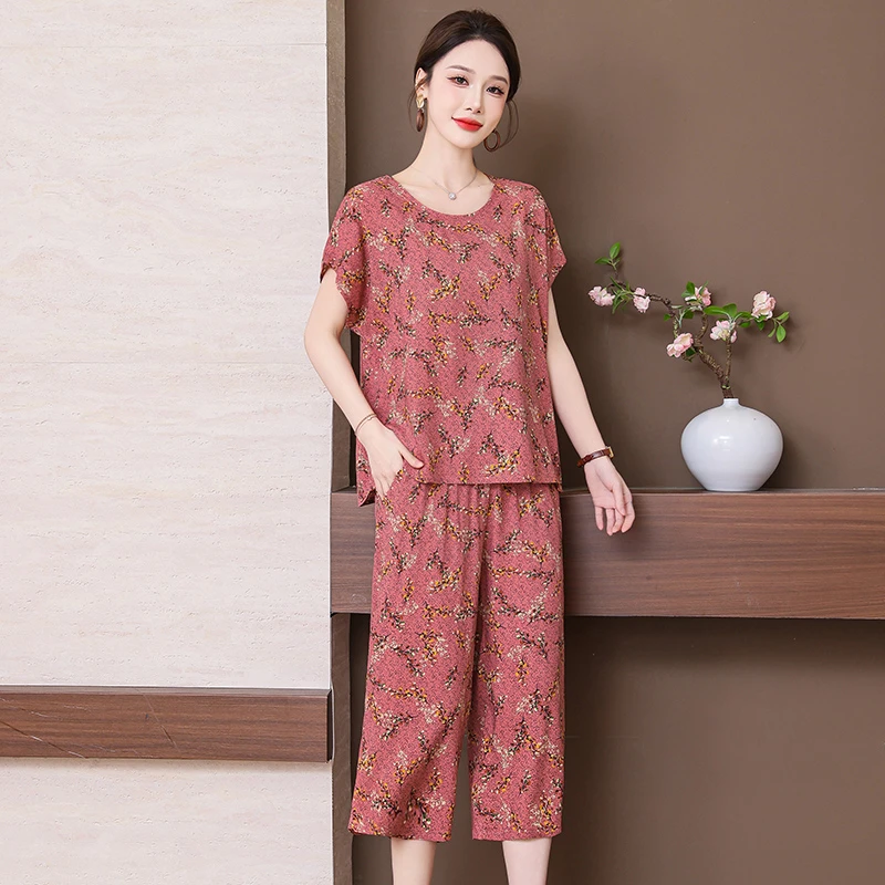 棉绸套装中老年睡衣女夏季薄款妈妈装家居服可外穿大码短袖两件套