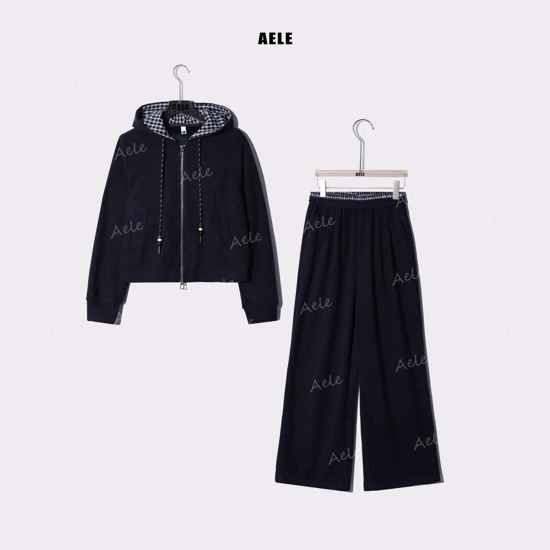 AELE格纹拼接连帽宽松休闲外套+直筒裤 D853 2907 AD