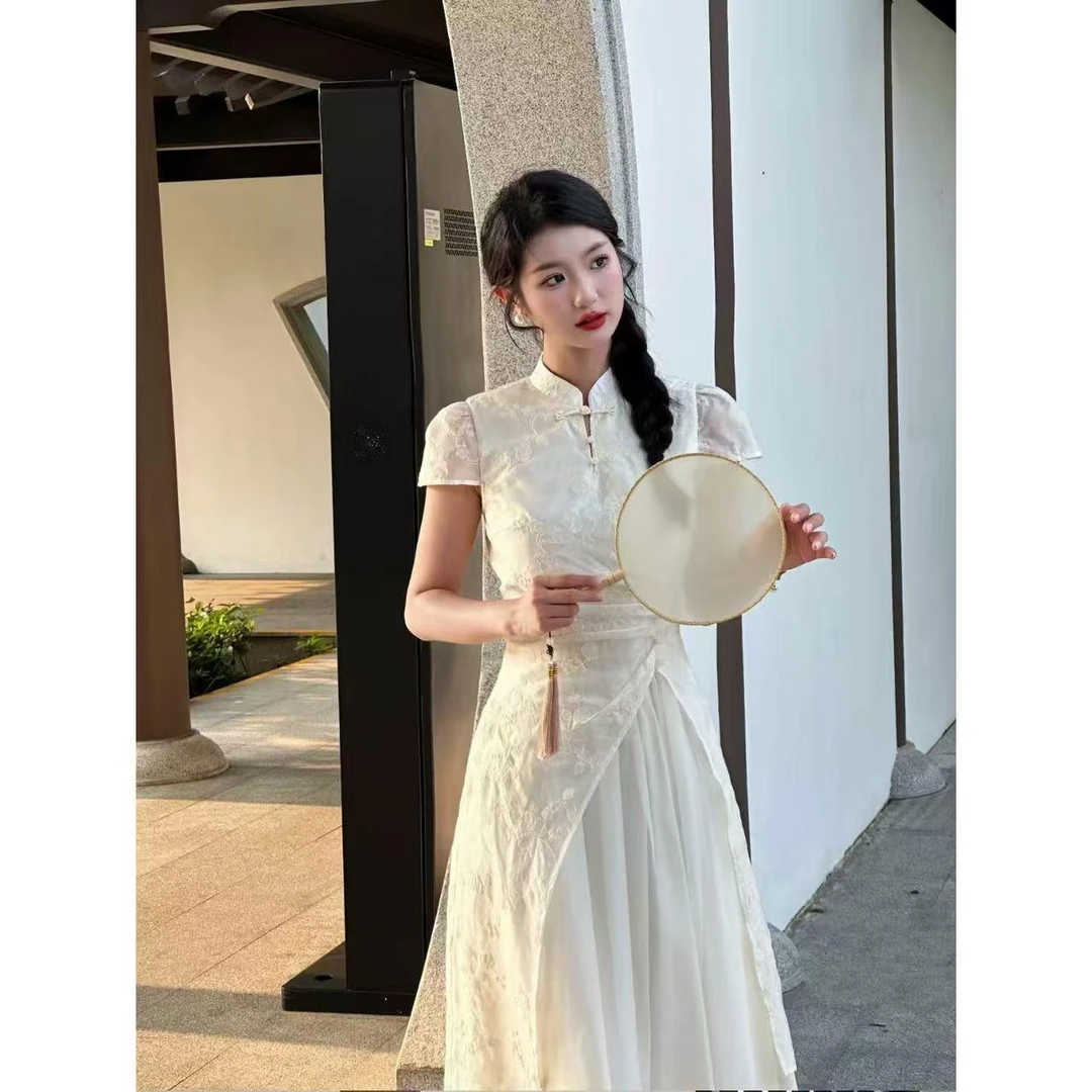 【现货+运费险】新中式高腰长裙夏季半开领连衣裙女白色职场休闲风
