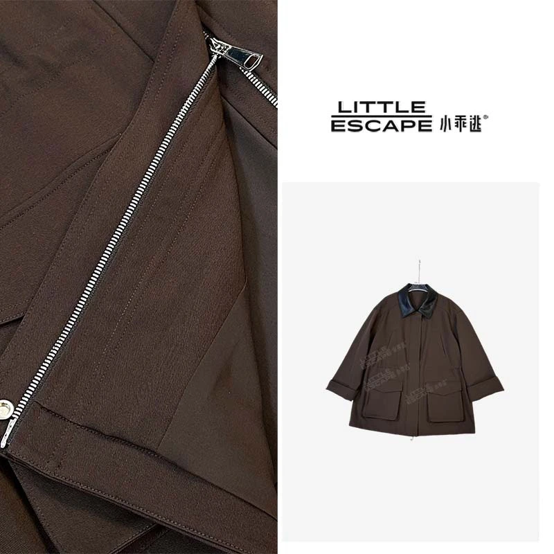 小乖逃休闲时尚咖色外套风衣黑色皮领polo大衣款式保暖S25557