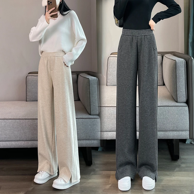 秋季人字纹侧开叉裤子阔腿裤女毛呢九分大码女款显瘦显瘦穿搭长裤