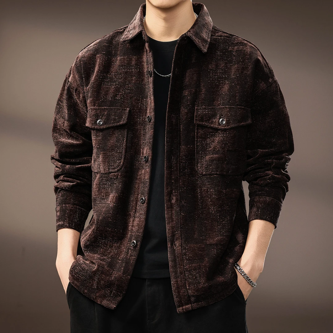 高端雪尼尔提花男士衬衫2025秋季新款美式复古潮牌休闲长袖衬衣男