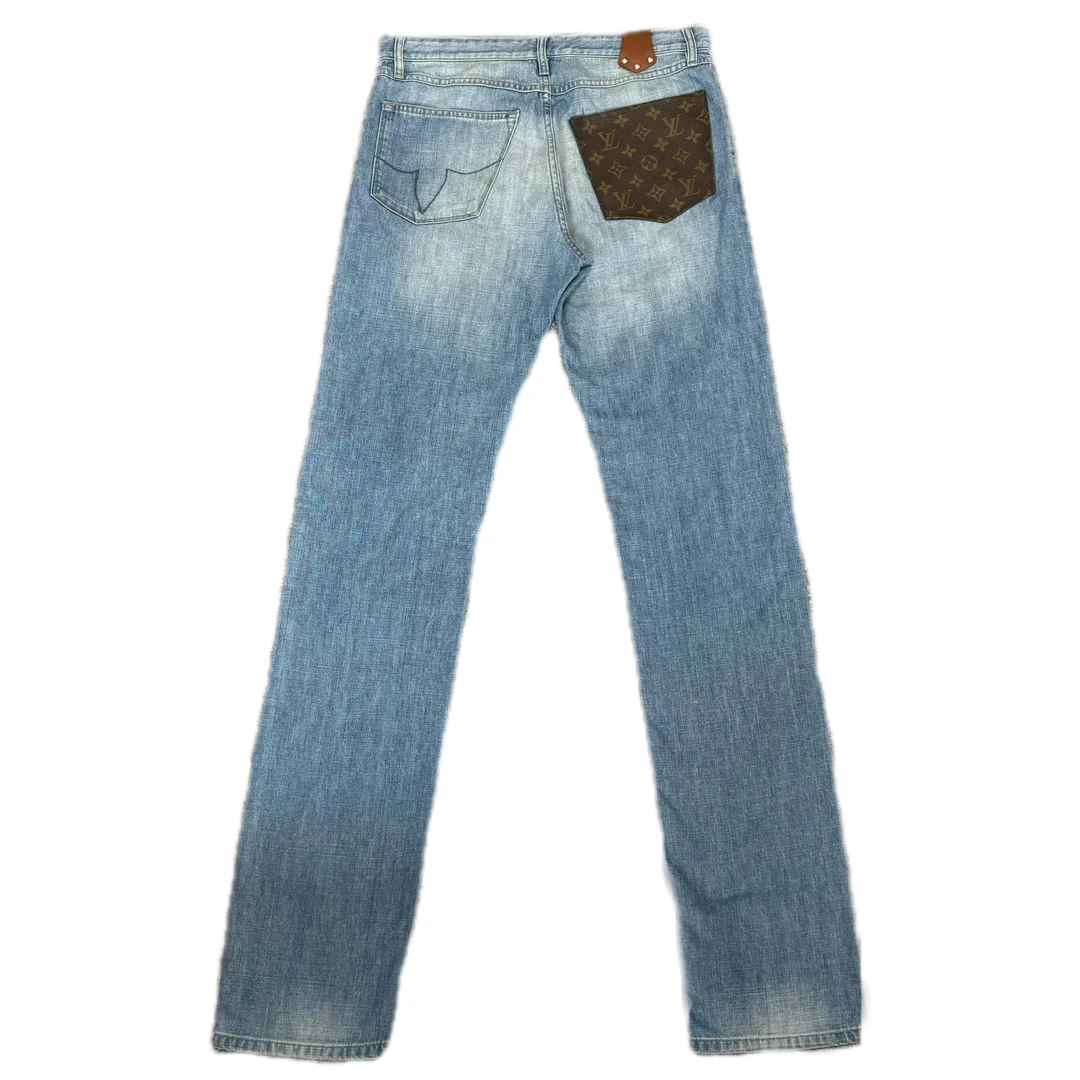 99新 LouisVuitton/路易威登 浅色金属扣口袋老花满印牛仔裤40码