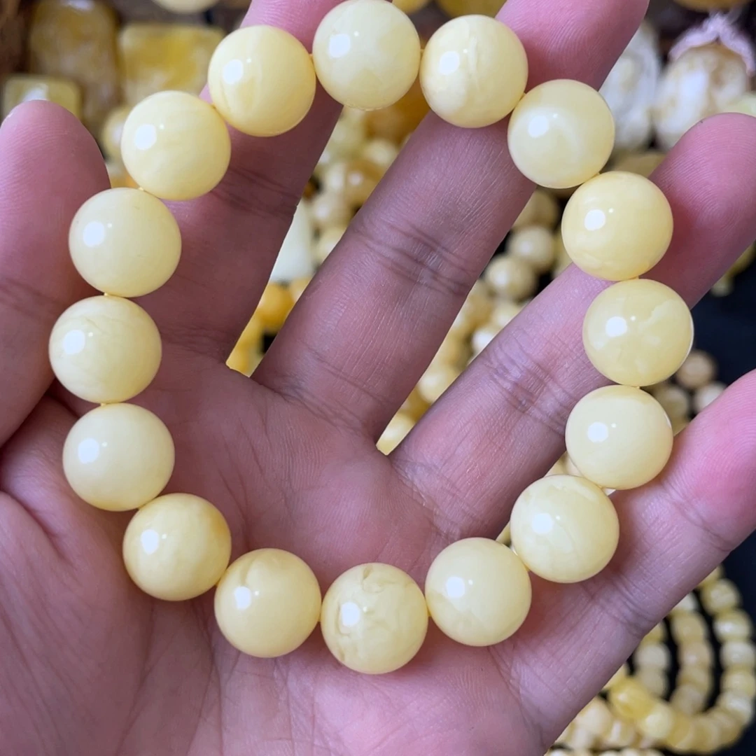 手串琥珀未镶嵌13+俄料白花蜡圆珠手串