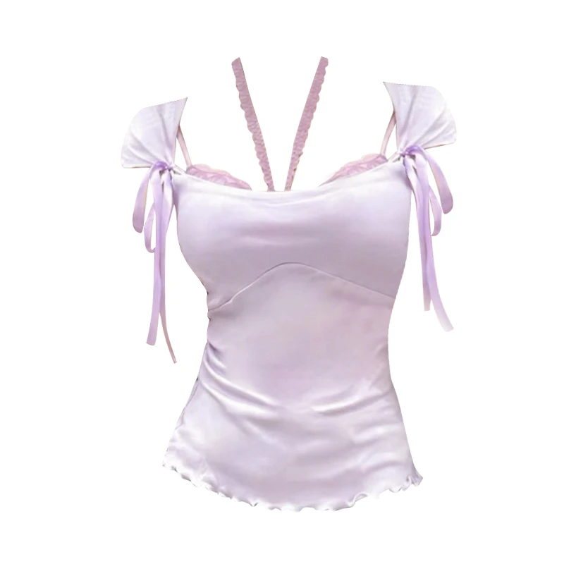 YIDENG纯欲风紫色木耳边正肩短袖恤女早春甜辣内搭修身短款蝴蝶结