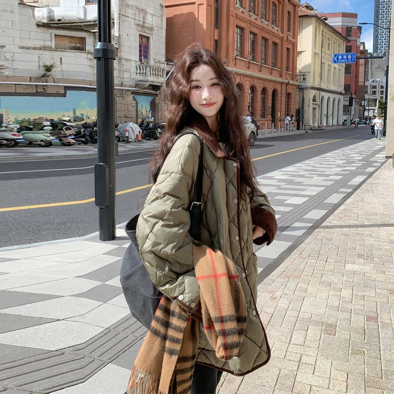 小众韩系保暖菱形格羽绒服2025冬季新款时尚百搭ins风加厚面包服