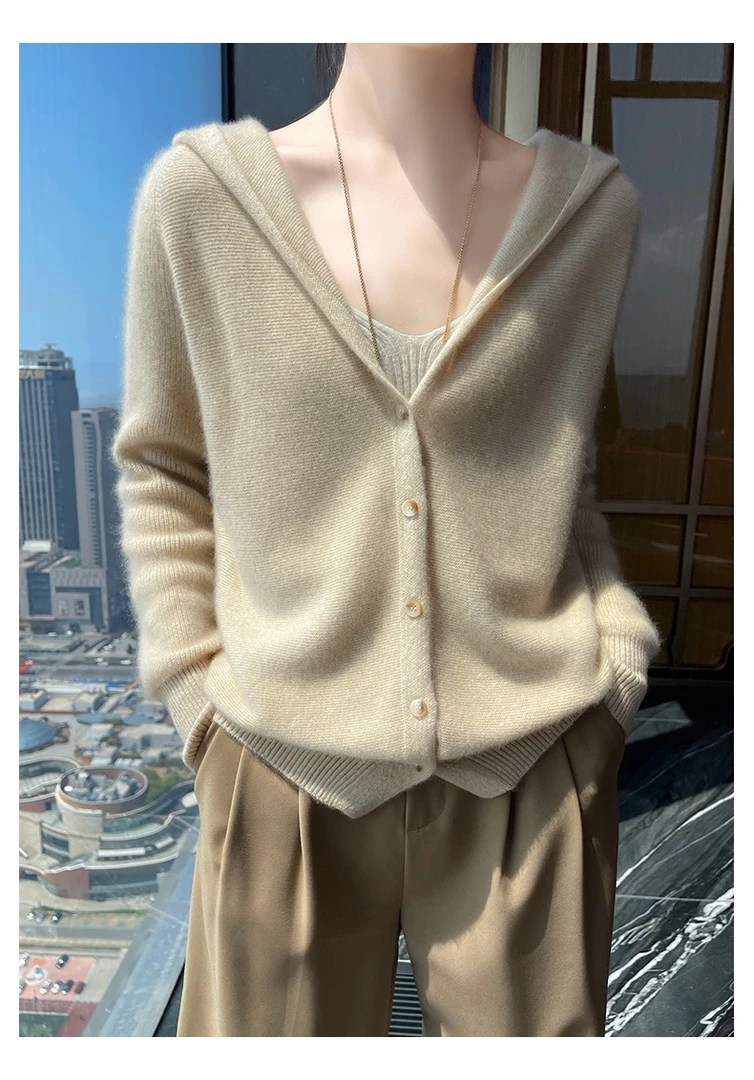 DJ126已开价 12针高密元宝袖正反针连帽羊绒开衫宽松休闲风上衣