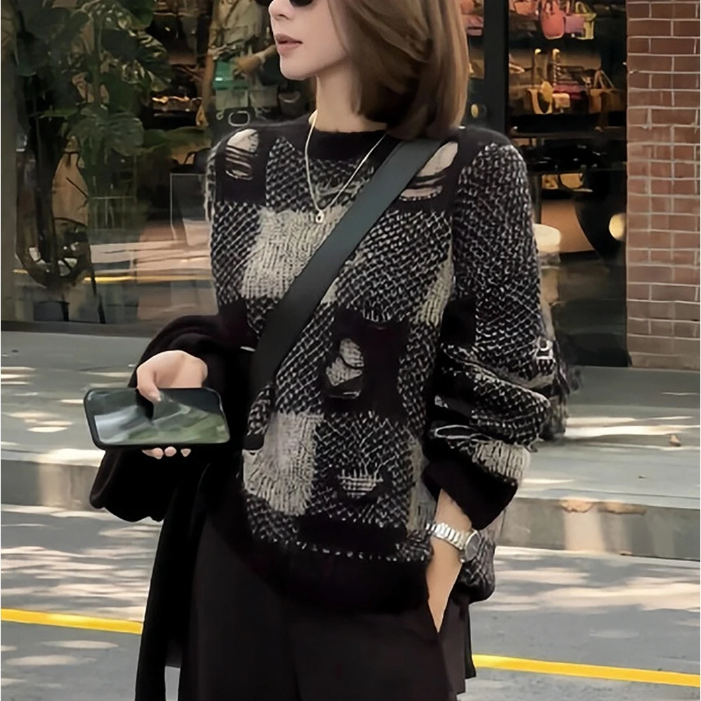 秋季女撞色格子毛衣慵懒高级感宽松内搭破洞镂空针织打底衫上衣