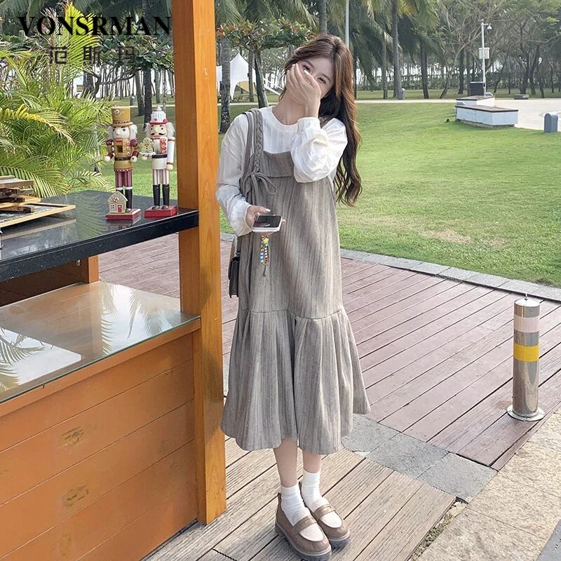 设计感背带裙套装女春季2025新款学院风减龄森系叠穿内搭连衣裙潮