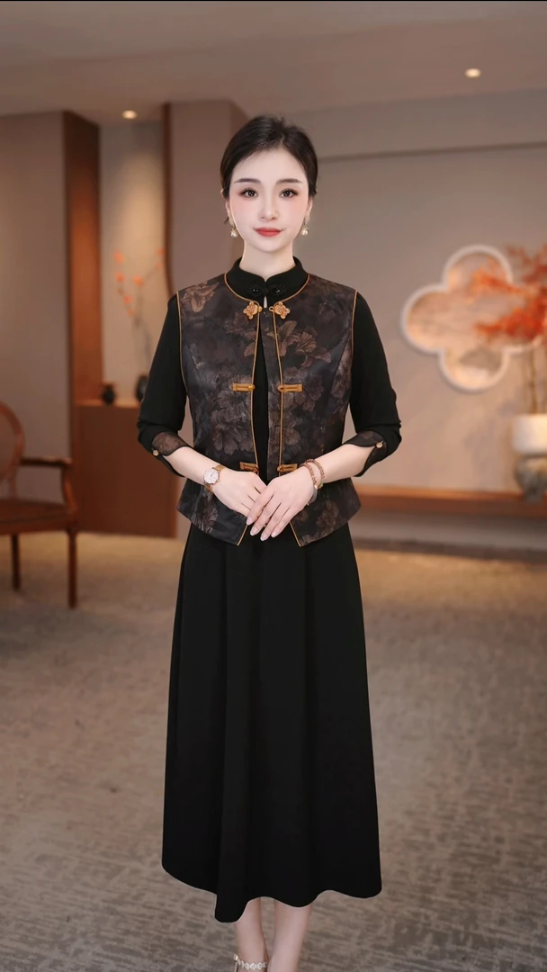真两件套2025春新款气质显瘦加大码中长款妈妈装连衣裙ZRF-25134