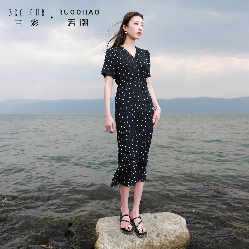 三彩大码女装2025夏秋新款法式复古波点连衣裙V领收腰胖MM