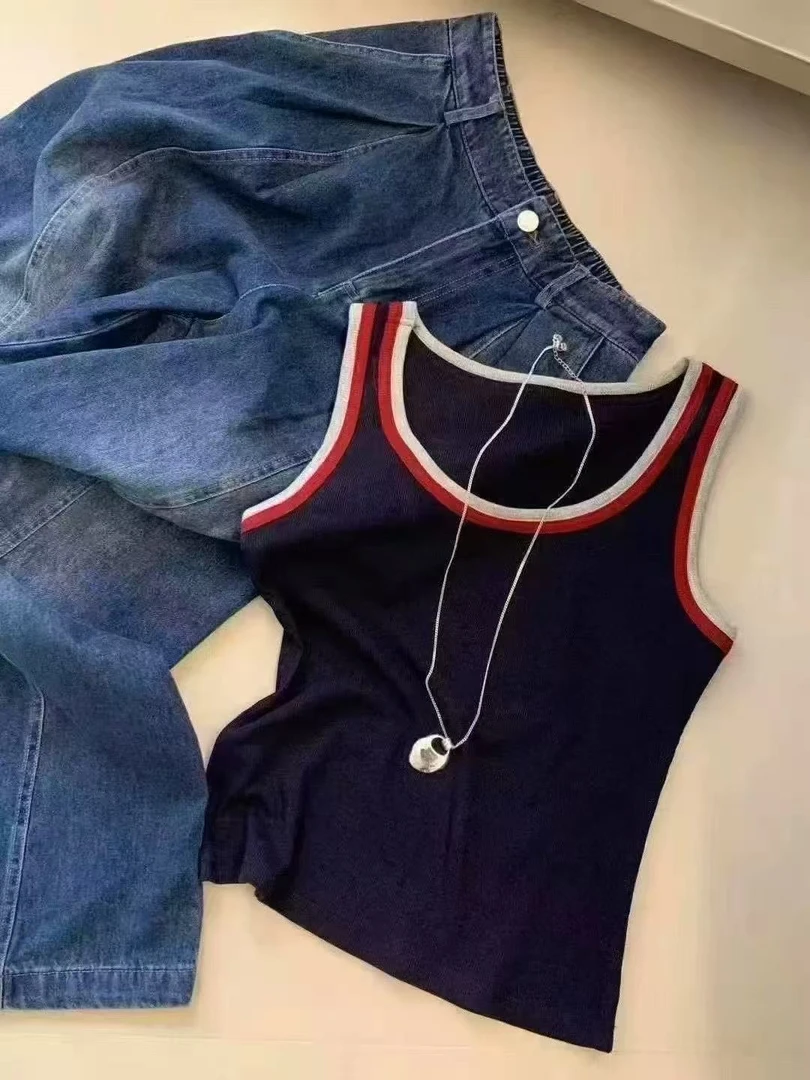 E念撞色无袖U领螺纹棉弹力背心吊带女2025早秋工字背心7003