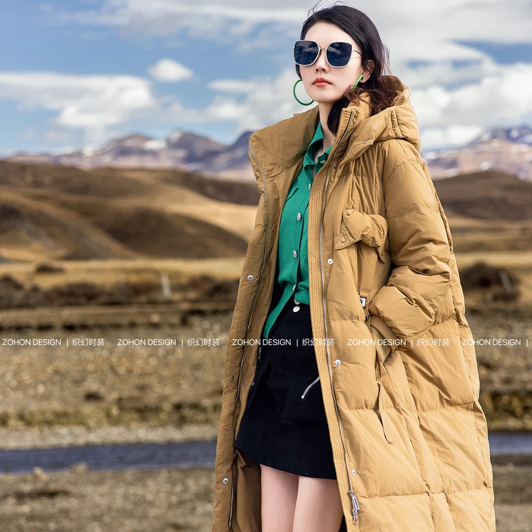 女士连帽长款宽松加厚时尚百搭白鸭绒羽绒服过膝保暖