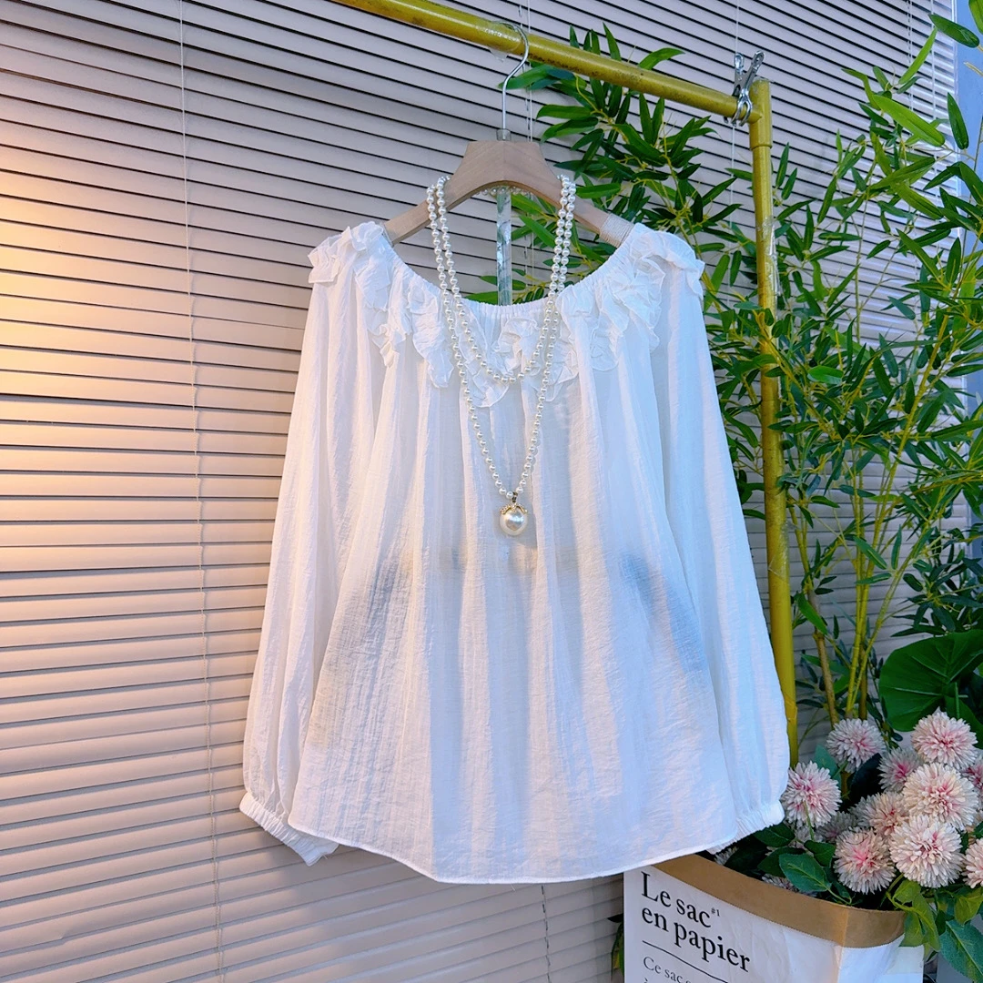 7907胖mm欧货时尚韩系宽松遮肉减龄设计感立体盘花可一字肩长袖衫