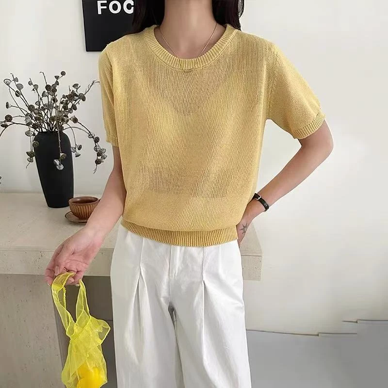 韩系纯色百搭针织短袖夏季穿搭薄款宽松显瘦打底衫上衣圆领休闲