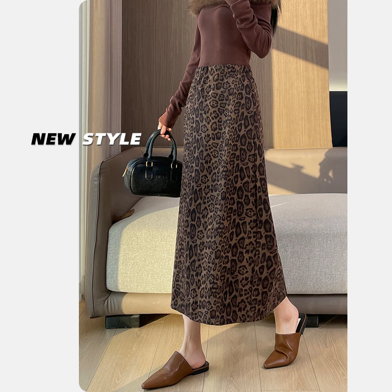 豹纹半身裙女秋季新款高腰显瘦收腹遮胯a字裙休闲中长款包臀裙子